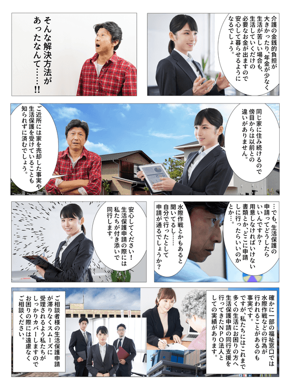 介護の金銭的負担が大きかったり、年金が少なく生活が苦しい場合も、生活していくだけの必要なお金が出ますので安心して暮らせるようになるでしょう。そんな解決方法があったなんて……‼同じ家に住み続けるので傍目からは以前との違いがありません。ご近所には家を売却した事実や生活保護を受けていることも知られずに済むでしょう。でも、生活保護の申請ってどうしたらいいんですか？用意しなければいけない書類とか、どこに申請しに行ったらいいのかとか…。水際作戦とかもあると聞いているし…自分で行ったとして申請が通るでしょうか？安心してください！生活保護申請の際には私たちが付き添いで同行します。確かに一部の福祉窓口では水際作戦などの行為が行われることがあるのも事実です。ですが、私たちにはこれまで多くの生活にお困りの方への生活保護申請の同行支援を行ってきたNPO法人としての実績があります。ご相談者の生活保護申請が滞りなくスムーズに受理されるよう私たちがしっかりカバーしますのでお困りの際には遠慮なくご相談ください。